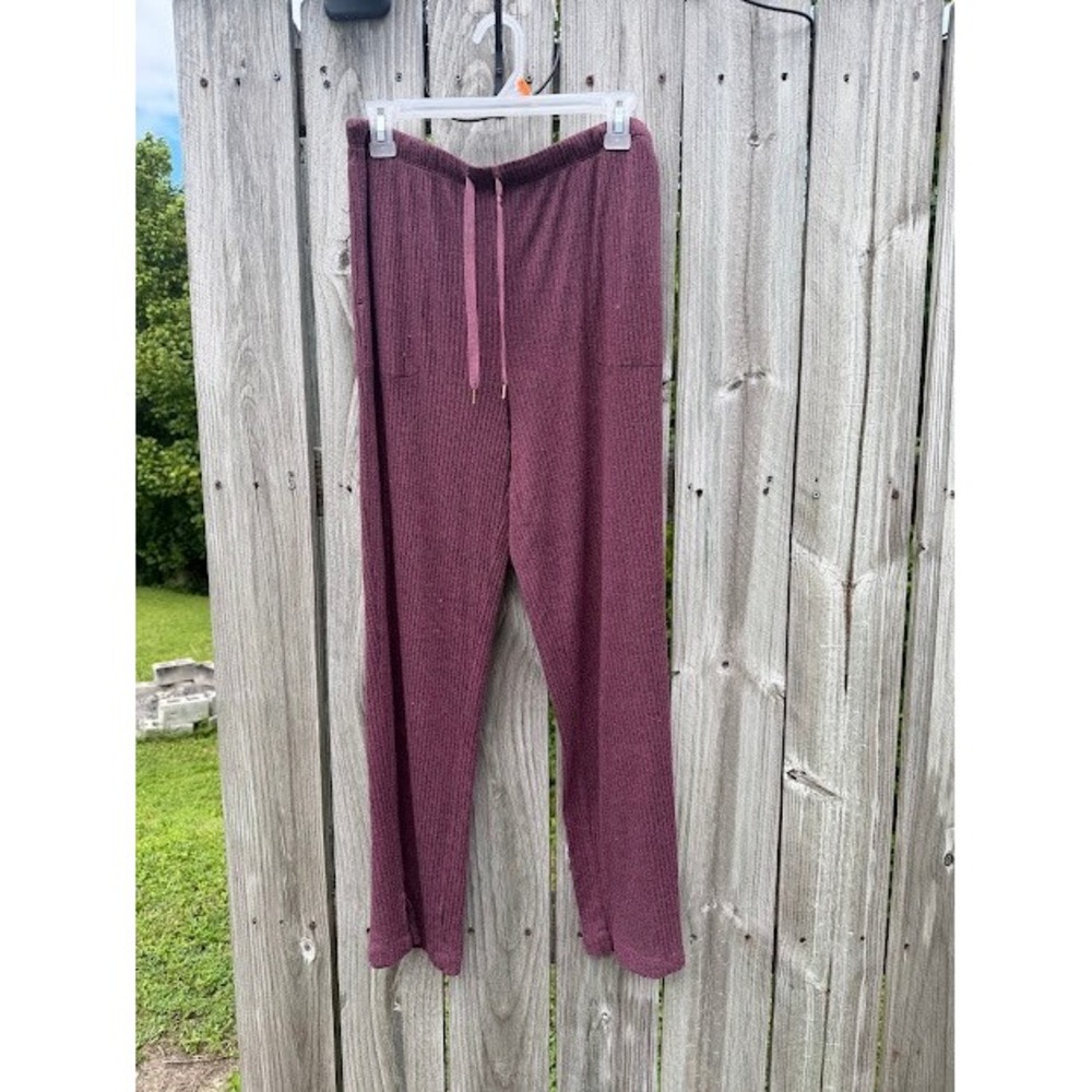 Lounge Midnight Pajama Pants Womens Medium Burgundy Ribbed Knit Drawstring